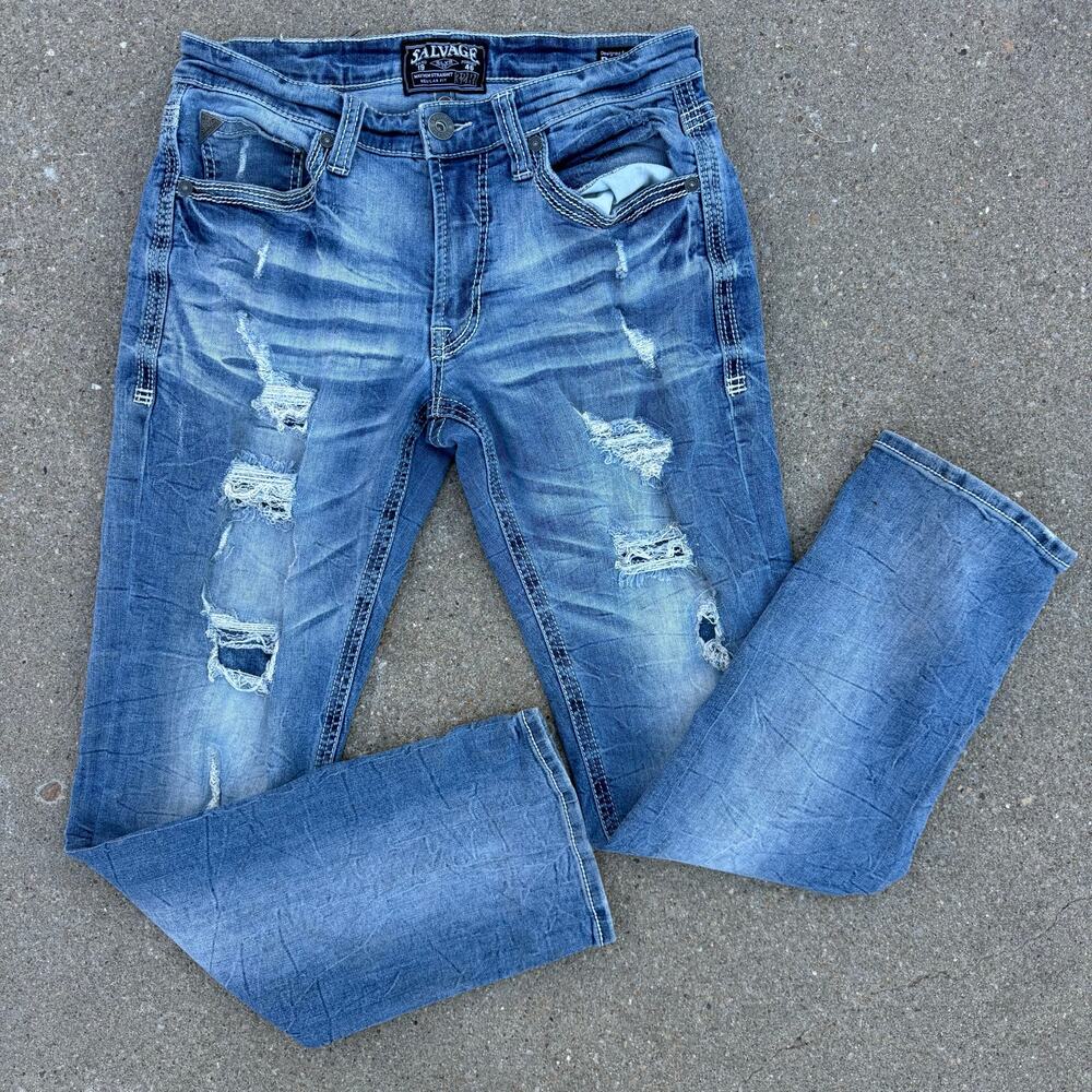 Salvage 32R Mayhem Straight Leg Regular Fit Distressed Stretch Blue Jeans 23-460